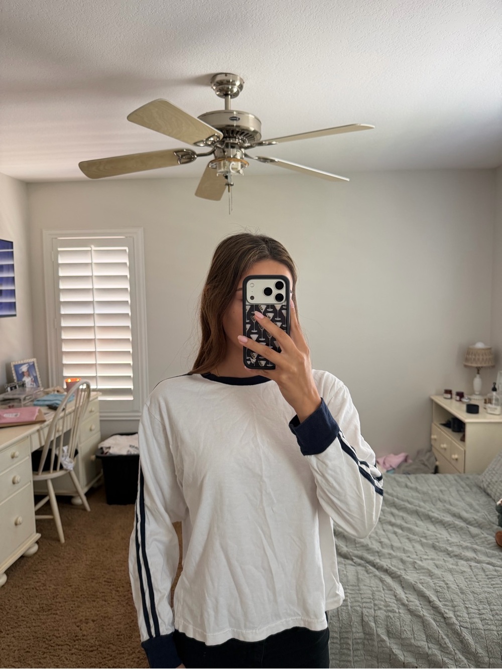 Brandy Melville White Long-Sleeve Ringer Tee with Navy Trim